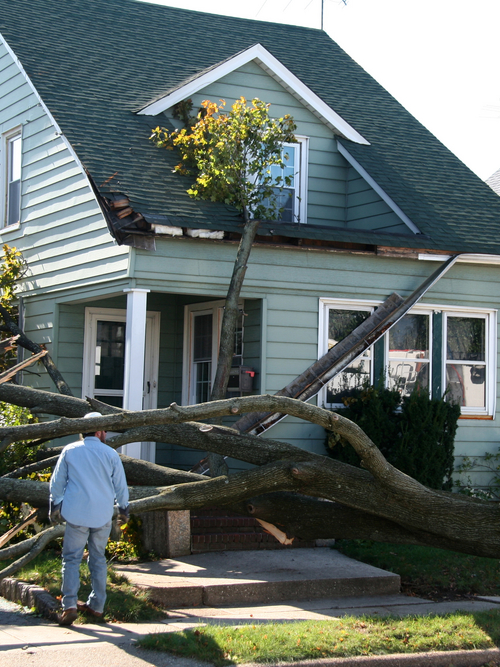 house damage from storm with roof shingles missing and gutter damage.