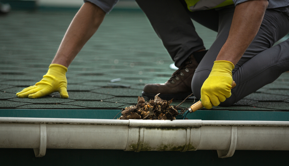 roofer cleaning out gutters during fall.