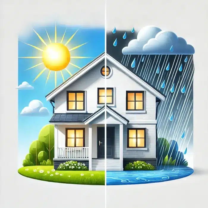 A visual representation of how weather impacts a home’s roofing, illustrating why homeowners should understand how often to replace roof shingles to prevent leaks and damage.